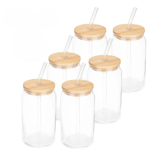 Vaso Lata de vidrio de 16oz con tapa de bambú y popote.
